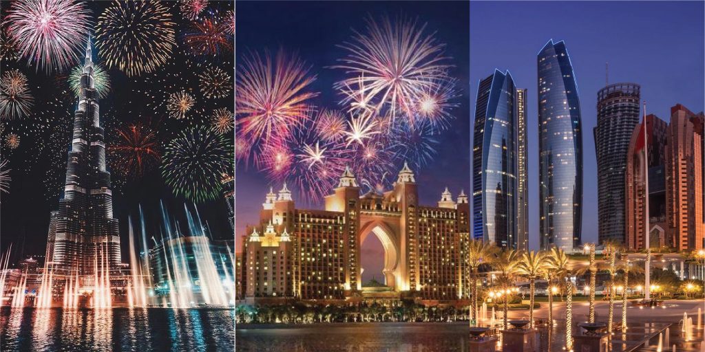Burj Khalifa glowing Christmas, Global Village festive atmosphere Dubai, Sheikh Zayed Road traffic at night Christmas - Top 10 Things to Do in Dubai & Abu Dhabi | Christmas & New Year
