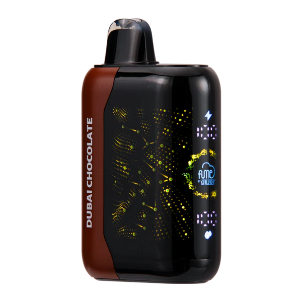 Dubai sunset vape, person vaping in Dubai, energy drink can, disposable vape, late afternoon Dubai, relaxation after work - Dubai Chocolate FUME PRO 30K