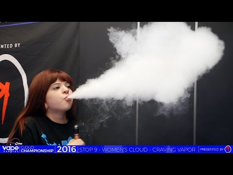Massive vape clouds, thick shisha-like vapor, person exhaling large vape cloud, advanced mesh coil vaping - VC Cloud Championship 2016 - Craving Vapor - Women