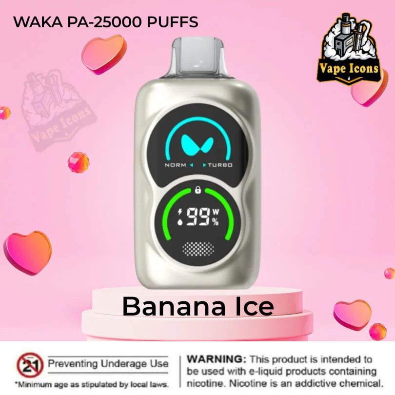 BUY NOW button, Waka 50000 Banana Ice, call to action, vape puff icon, online purchase - Waka PA25000 50mg Disposable Vape - 25,000 Puffs in Dubai – Vape Icons