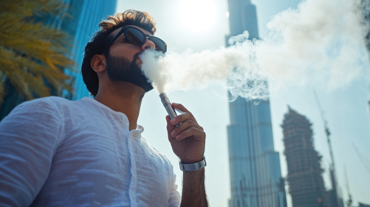person vaping in Dubai, real user disposable vape, hand holding vape outdoors UAE - UAE Vaping Laws 2025: Complete Guide to E-cigarette Rules ...