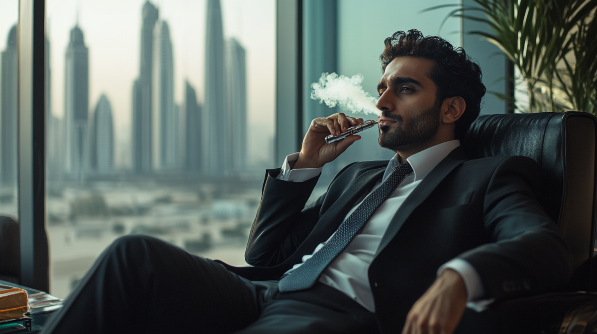 Dubai businessman luxury vape, executive in boardroom DIFC, sleek e-cigarette professional - UAE Vaping Laws: E-Cigarettes in Offices Face Strict Regulations ...