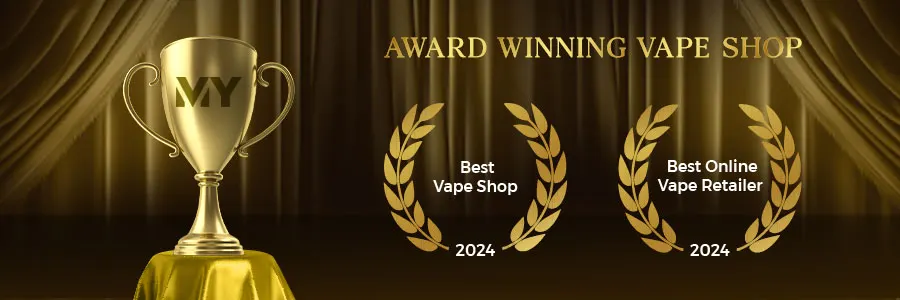 Best Vape Shop Dubai trophy, winning electronic cigarette award UAE, gold trophy vape store - My Vapery Trimphs | World Vape Show Dubai 2024 - UAE
