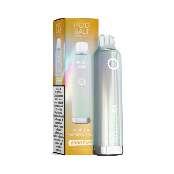 POD SALT Bar 6000 Puffs product shot, UK vape brand POD SALT disposable, refined kick vape device - Pod Salt Pearl Bar 6000 Puffs - Tropical Passion Fruit
