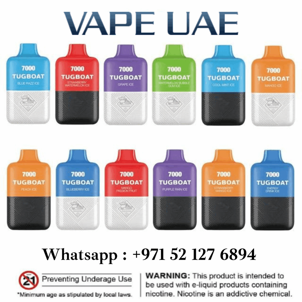 Energy drink vape UAE, Waka vape, TUGBOAT vape, Elfbar vape, disposable vape, flavor comparison, Dubai skyline, vibrant energy drink colors - Tugboat Super Disposable Vape 7000 Puffs - vape uae