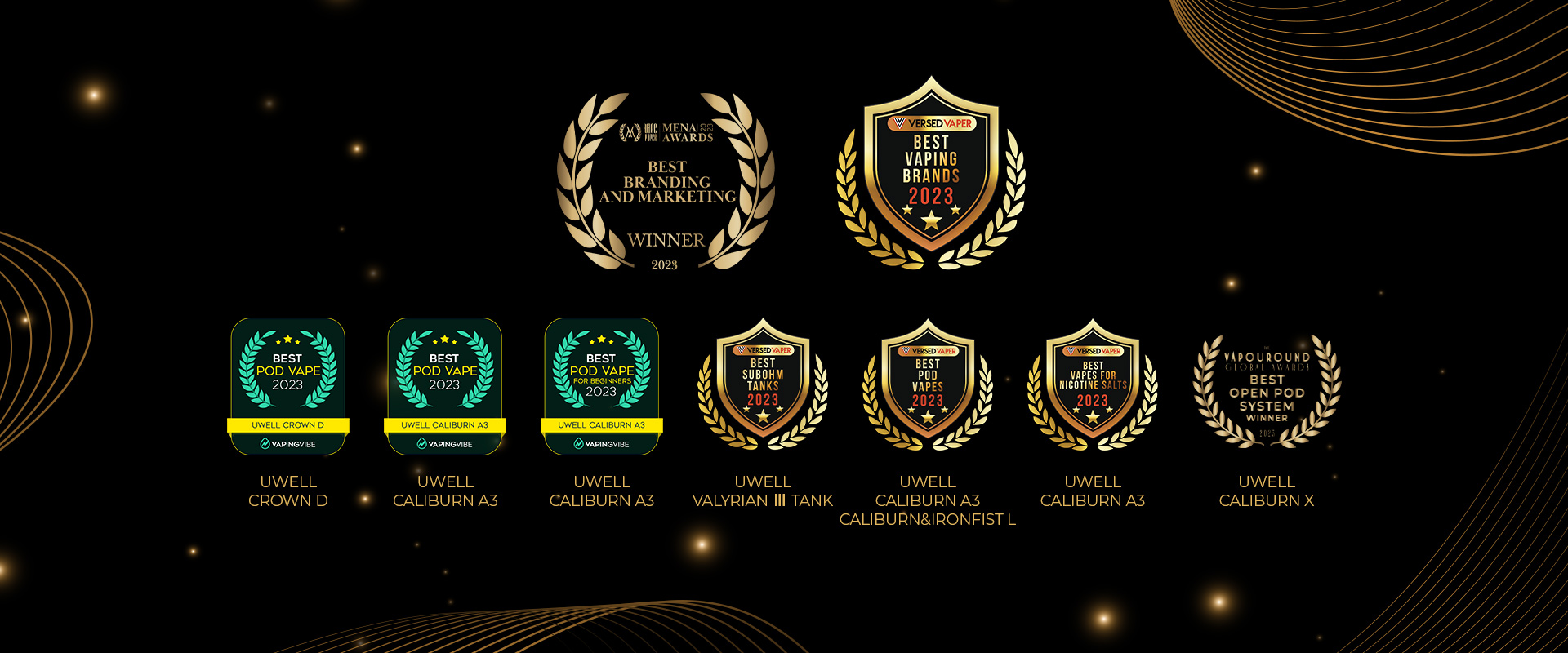 Vape comparison verdict crown, POD SALT wins best vape for quitters, symbol of victory best transition vape - UWELL Wins 10 Awards in the First Half of 2023